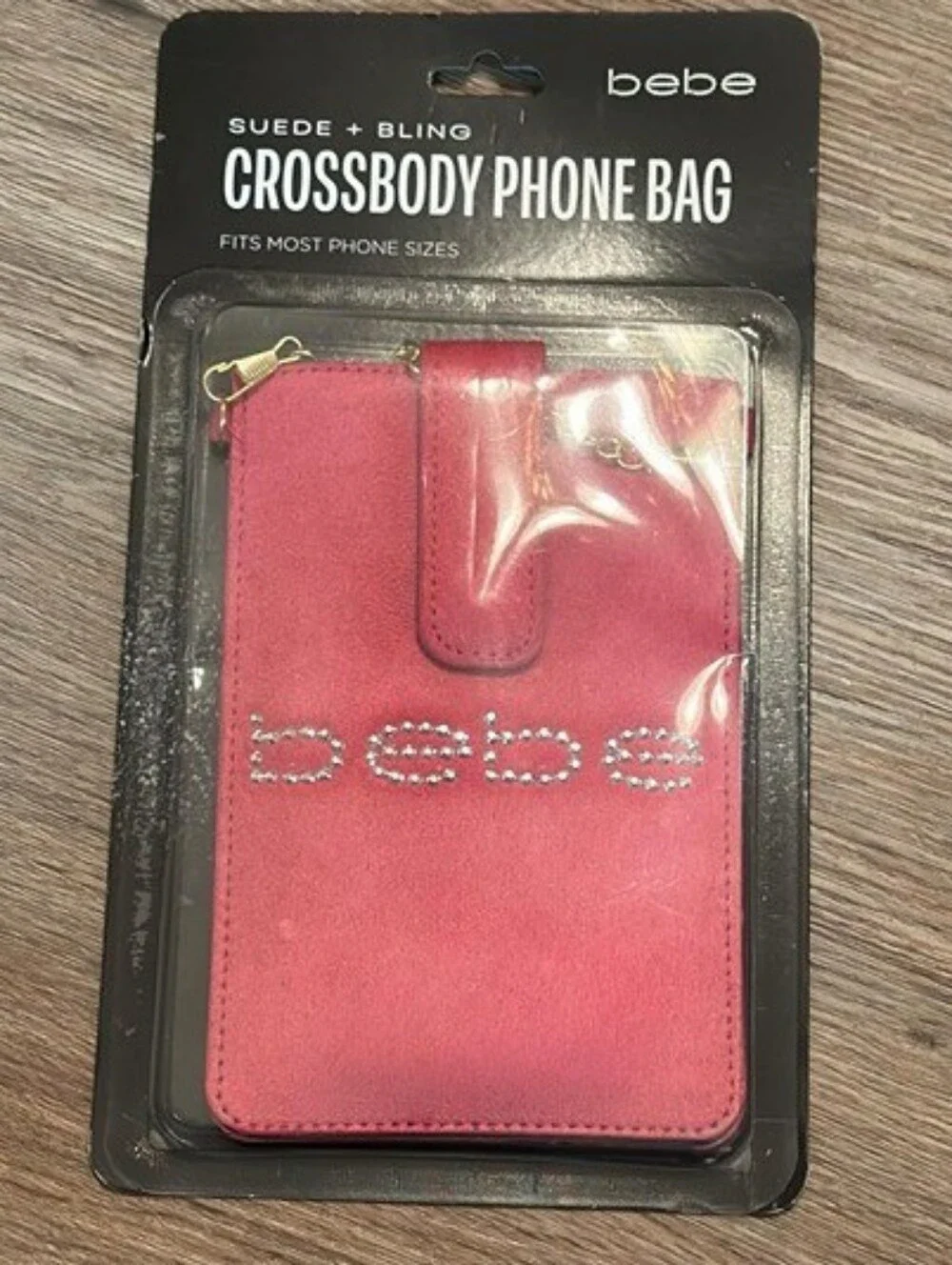 bebe Pink Suede Crossbody Phone Bag with Rhinestone Logo